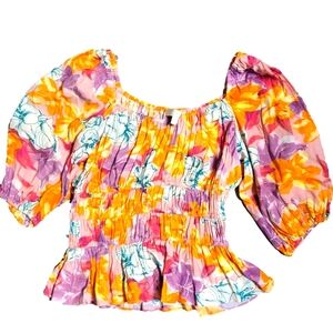 WAYF Floral Puff Sleeve Top With Smocking - Multicolor